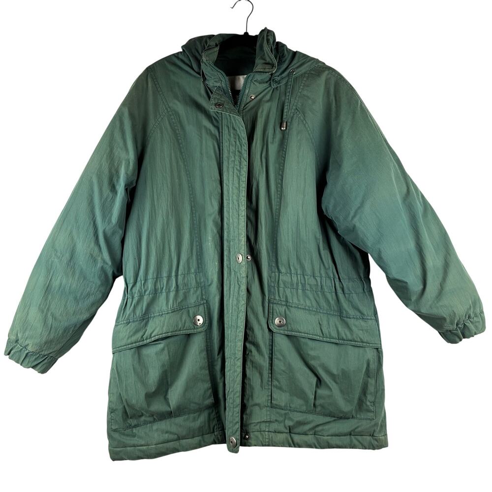 London Fog Hooded Parka Jacket Women's Large Vintage Green Winter Gorpcore READ